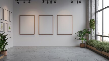 Blank picture frames adorn the white wall, their small frames creating a mosaic of emptiness. 