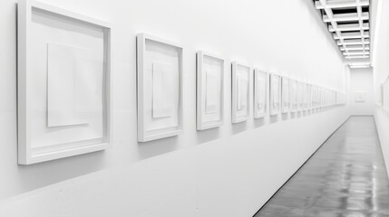 Obraz premium Blank picture frames adorn the white wall, their small frames creating a mosaic of emptiness. 