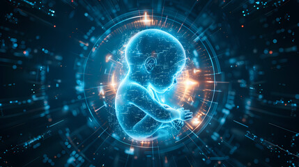 Fototapeta premium A baby is inside a glowing blue sphere