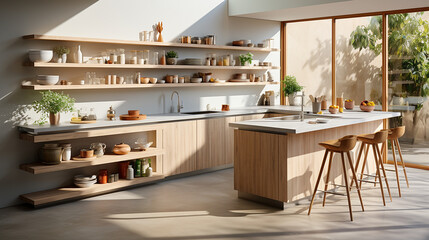 A collection of modern kitchen interiors featuring open shelving, minimalist design, and natural wood accents. The kitchens are decorated with plants, pottery, and contemporary lighting, creating warm