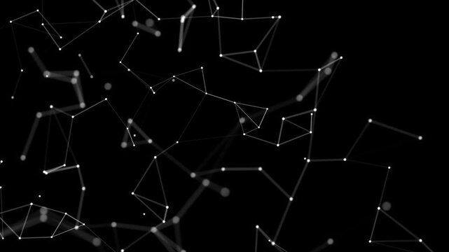 Abstract digital technology plexus background of white animated lines and dots on black background. Looping seamless geometric wallpaper. Concept of molecules, data, artificial intelligence. 4k.