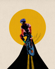 Obraz premium Poster. Contemporary art collage. Cyclist in vibrant colors, riding on dark road with yellow lines against bold yellow circle. Concept of sport, movement, speed, marathon, competition, action.