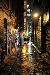 Fototapeta premium Urban alleyway at night with colorful graffiti on walls and wet pavement reflecting city lights. Street art, city nightlife, urban exploration, nocturnal photography, metropolitan atmosphere concept.