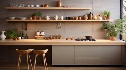 A collection of modern kitchen interiors featuring open shelving, minimalist design, and natural wood accents. The kitchens are decorated with plants, pottery, and contemporary lighting, creating warm