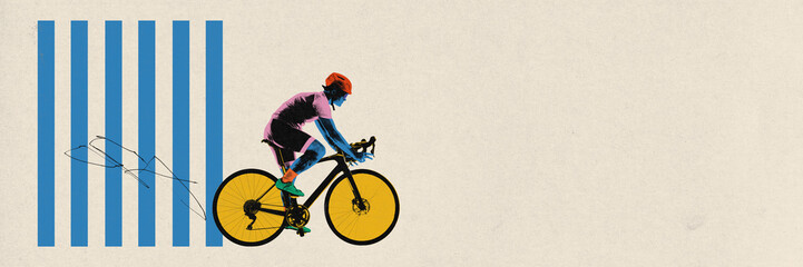 Fototapeta premium Banner. Contemporary art collage. Rider pedals bike with striking yellow wheels, set against minimalist beige background. Concept of sport, movement, speed, marathon, competition, action.