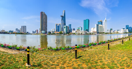 Fototapeta premium Panoramic view of Hochiminh city from the banks of the Saigon River. Ho Chi Minh City, Vietnam. 