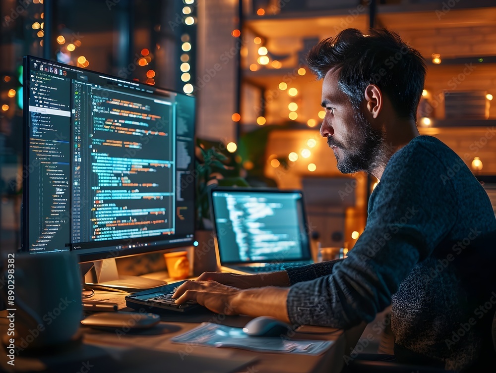 Poster focused e commerce developer coding a dark mode website for online business