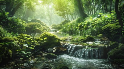 Fototapeta premium Enchanting forest scene with a sparkling stream flowing through verdant foliage and serene river rocks. 