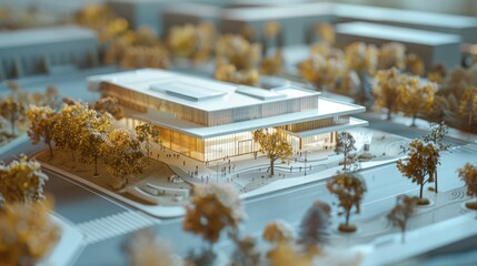 Generate a photo realistic image of a maquette showcasing a government building or civic center with administrative offices, public services, and ceremonial spaces