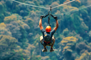 Man zip-lining in a lush tropical forest with safety gear and helmet. Adventure tourism, ecotourism, outdoor activity, travel and recreation, jungle expedition, extreme sports concept.