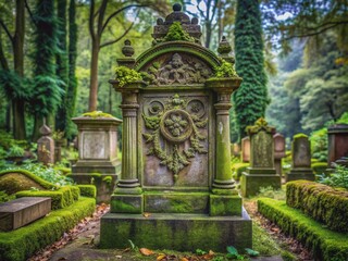 Weathered family tombstone with intricately carved surname and ornate typography adorns a serene, moss-covered grave surrounded by lush greenery and rustic stone borders.