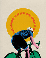 Obraz premium Poster. Contemporary art collage. Rear view of cyclist riding bike against beige background with circle with inscription. Motivation. Concept of sport, movement, speed, marathon, competition, action.