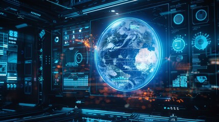 Naklejka premium Immersive digital HUD presents business data with planet hologram on blue background, offering statistics and data analysis. 