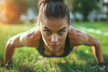 Focused Fit Woman Doing Push-ups on Grass: Intense Outdoor Workout, Athletic Female in Sportswear, Determined Expression, Strength and Fitness Training
