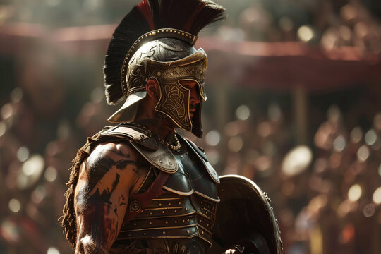 Gladiator in Roman armor standing with shield in an ancient battle arena under sunlight. Historical reenactment, ancient Rome, gladiator games, traditional combat, historical education, cosplay.