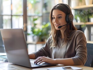 Friendly Customer Service Representative Assisting Online Shoppers in Modern Office Environment