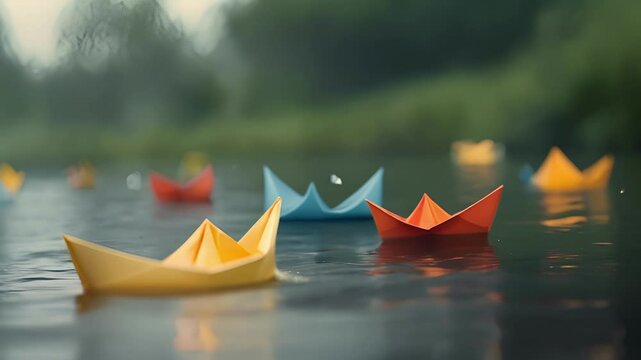 A set of paper boats delicately floating in the air transports us back to carefree afternoons spent sailing them in puddles and streams.