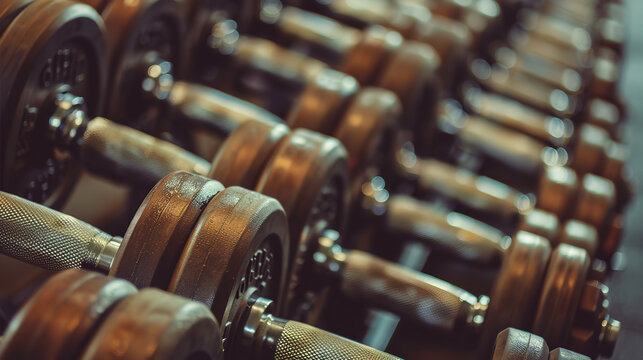 A close-up view of heavy free dumbbells fills the fitness gym's health club room, emphasizing their sturdy design and durability