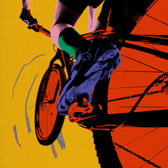 Naklejka premium Poster. Contemporary art collage. Leg of cyclist stands on pedal, rider ready to start marathon. Half tone effect. Vibrant palette. Concept of sport, movement, speed, competition, action.