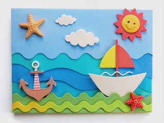 Naklejka premium Vibrant cartoon-style invitation or party card featuring a colorful seascape with a paper cut-out boat, anchor, and shell, perfect for kids' birthday celebrations.