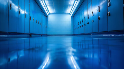 A low-angle photo captures a blue, empty locker room, showcasing gleaming sports equipment neatly arranged