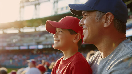 A man and his son, both wearing baseball caps, share a joyful moment at a bustling baseball stadium