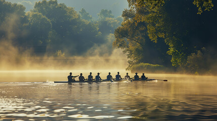 A men’s rowing team powers through the calm morning waters, their synchronized strokes cutting through the river with precision.