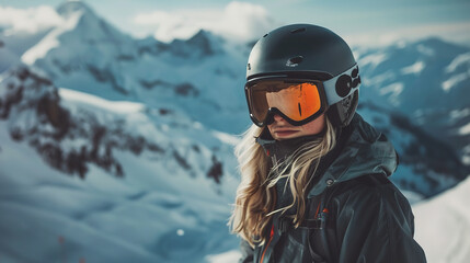 A snowboarder girl, clad in a helmet and vibrant orange goggles, stands against a backdrop of majestic snowy mountains