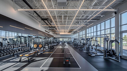 Obraz premium A wide-angle photograph captures the expansive interior of a modern gym, showcasing an array of weights, bars, and racks neatly arranged.