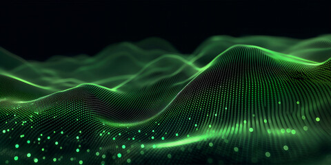 Abstract dark background with glow and green glowing dots, line waves in the foreground. Bright neon green color, gradient