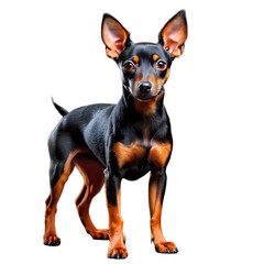 A small black dog of a dwarf pinscher on a white background