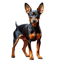 A small black dog of a dwarf pinscher on a white background