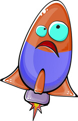 Rocket spaceship character. Cartoon space rocket isolated on transparent background. Funky spaceship and shuttle character with eyes and mouth. Vector retro space ship clip art, emoji and sticker