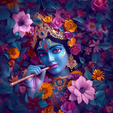 Lord Krishna. Happy Janmashtami. Flowers background. Greetings, poster, banner, template. 3 d Illustration
