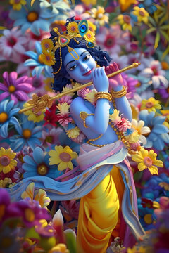 Lord Krishna. Happy Janmashtami. Flowers background. Greetings, poster, banner, template. 3 d Illustration