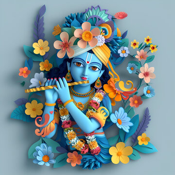 Lord Krishna. Happy Janmashtami. Flowers background. Greetings, poster, banner, template. 3 d Illustration