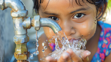 A child drinking clean water from a tap, a community well being used by villagers, water purification system in action