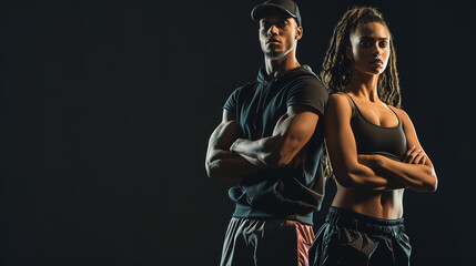 An athletic man and woman stand confidently against a black background, both dressed in stylish sportswear