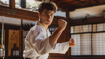 In a traditional dojo hall, a young man trains in the Asian martial art of Karate or Judo