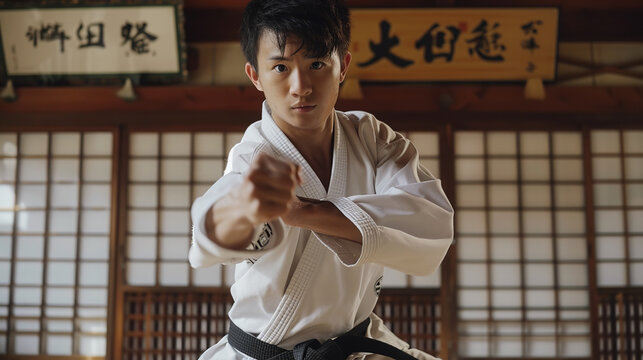 In a traditional dojo hall, a young man trains in the Asian martial art of Karate or Judo