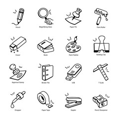 Collection of 16 Stationery Tools Outline Icons 

