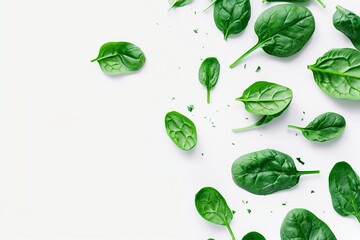 Fresh green spinach leaves on a white background