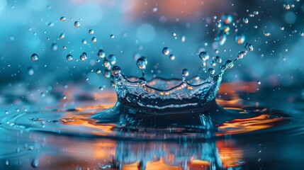 Water splash with bokeh and colorful reflections