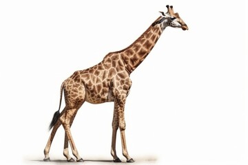 A full-length view of a giraffe against a white background, showcasing its distinctive long neck and patterned coat. The animal's elegant stance and unique markings are clearly visible