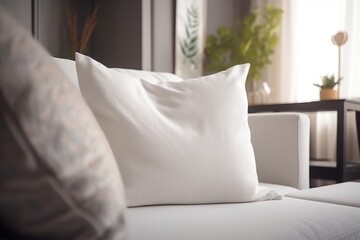 A minimalist interior with a focus on a plain white pillow placed on a light-colored couch. The background features soft natural light, some green plants, and blurred decorative elements, creating