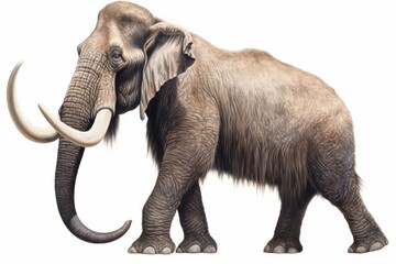 Obraz premium A hyperrealistic illustration of a mammoth in full growth on a white background. The image captures the mammoth's massive size, long curved tusks, and thick fur, showcasing its prehistoric grandeur