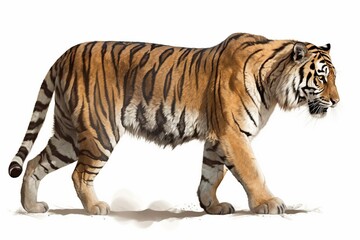 Fototapeta premium A majestic tiger strides confidently, showcasing its powerful muscles and distinctive striped coat. The tiger's vibrant orange fur with black stripes stands out sharply against the white background