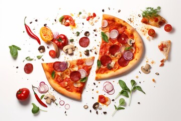 A creative display of pizza slices with various toppings including pepperoni, onions, mushrooms, and basil. The ingredients are scattered artistically around the pizza slices on a white background
