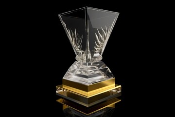 A luxurious crystal trophy with intricate engravings, mounted on a gold and black base, is showcased against a black background. The trophy features sharp, elegant lines and a modern design