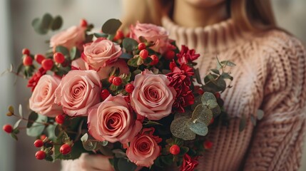 Close-up of a Pink Rose Bouquet Held by a Woman